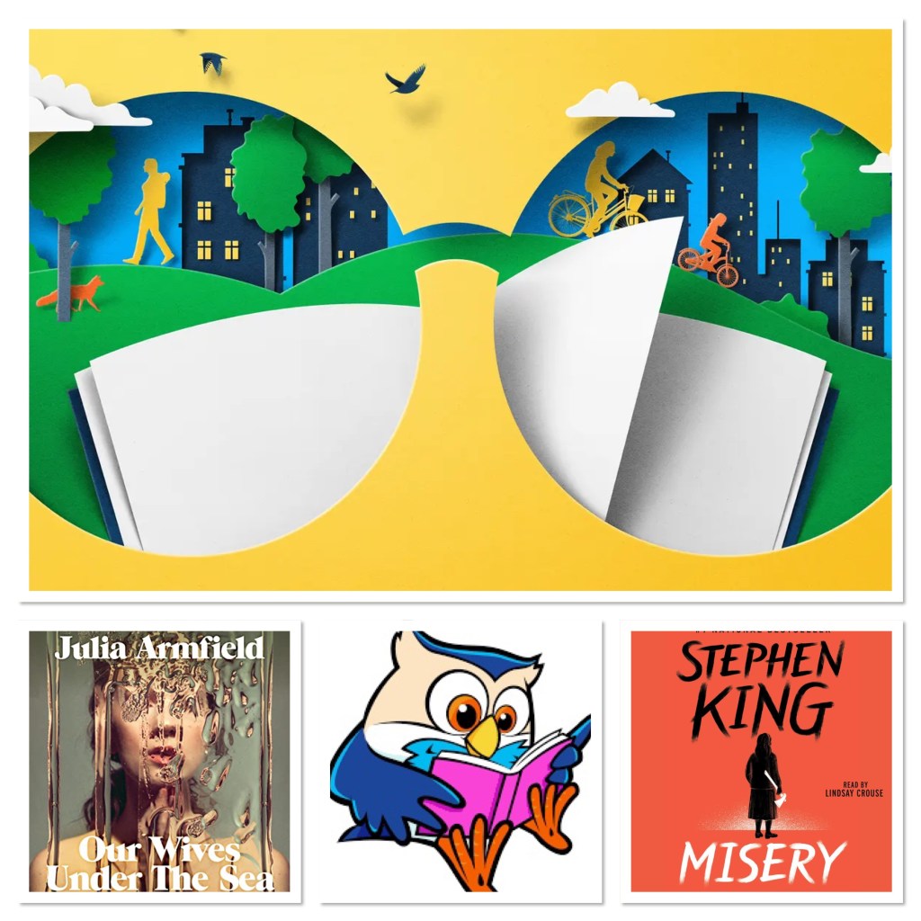 4 images - large paper creation to mimic the impression of reading on a summers day. 

Book cover for our wives under the sea by Julia armfield - a 
woman’s face reflected in a mirror with water running down it. A cartoon owl reading a book. 
Book cover for misery by Stephen king - a black silhouette of a woman holding an axe against a red backdrop. 